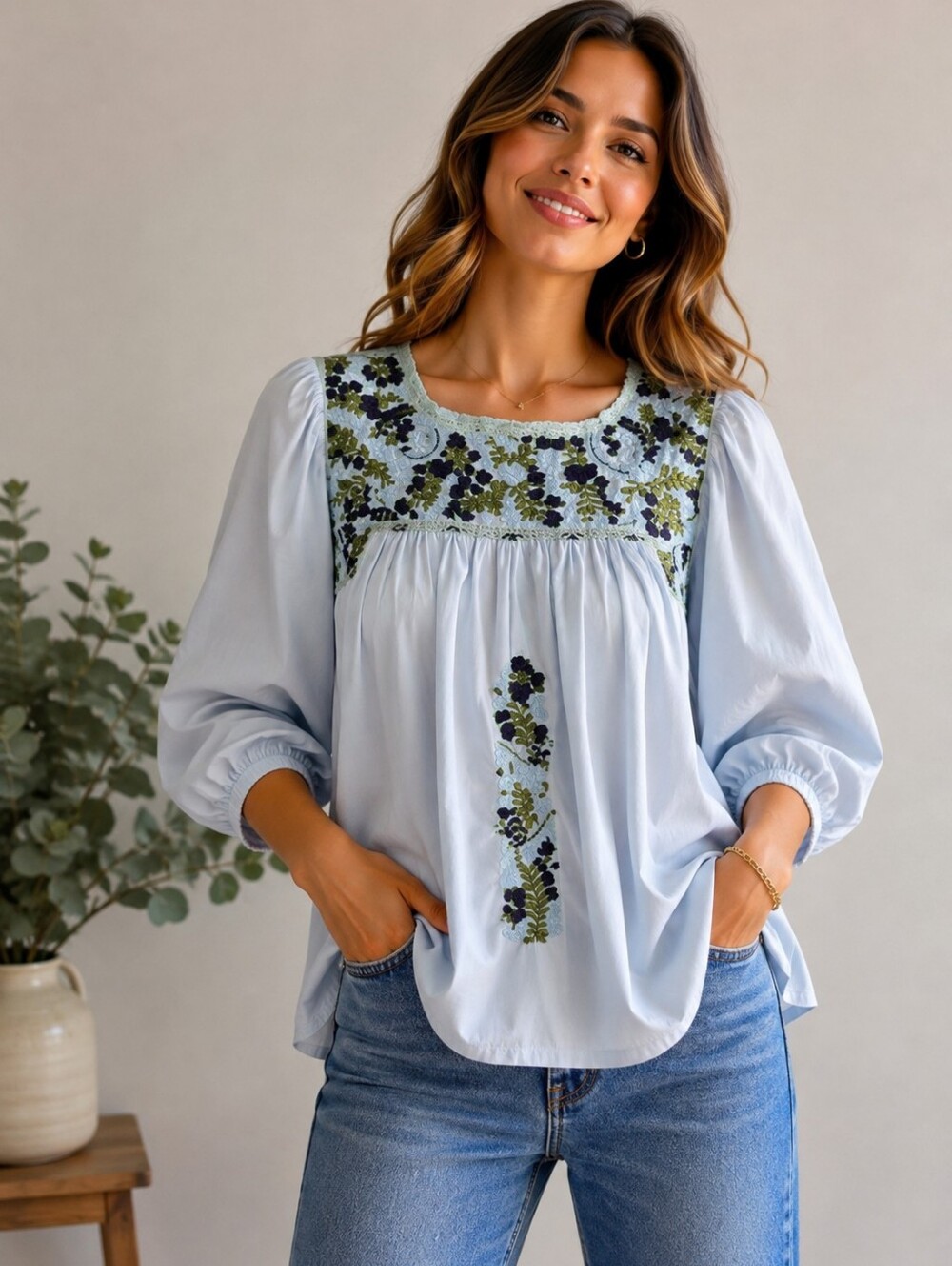 Mi Golondrina White Blue Floral Embroidered Cotton Peasant Blouse sz L